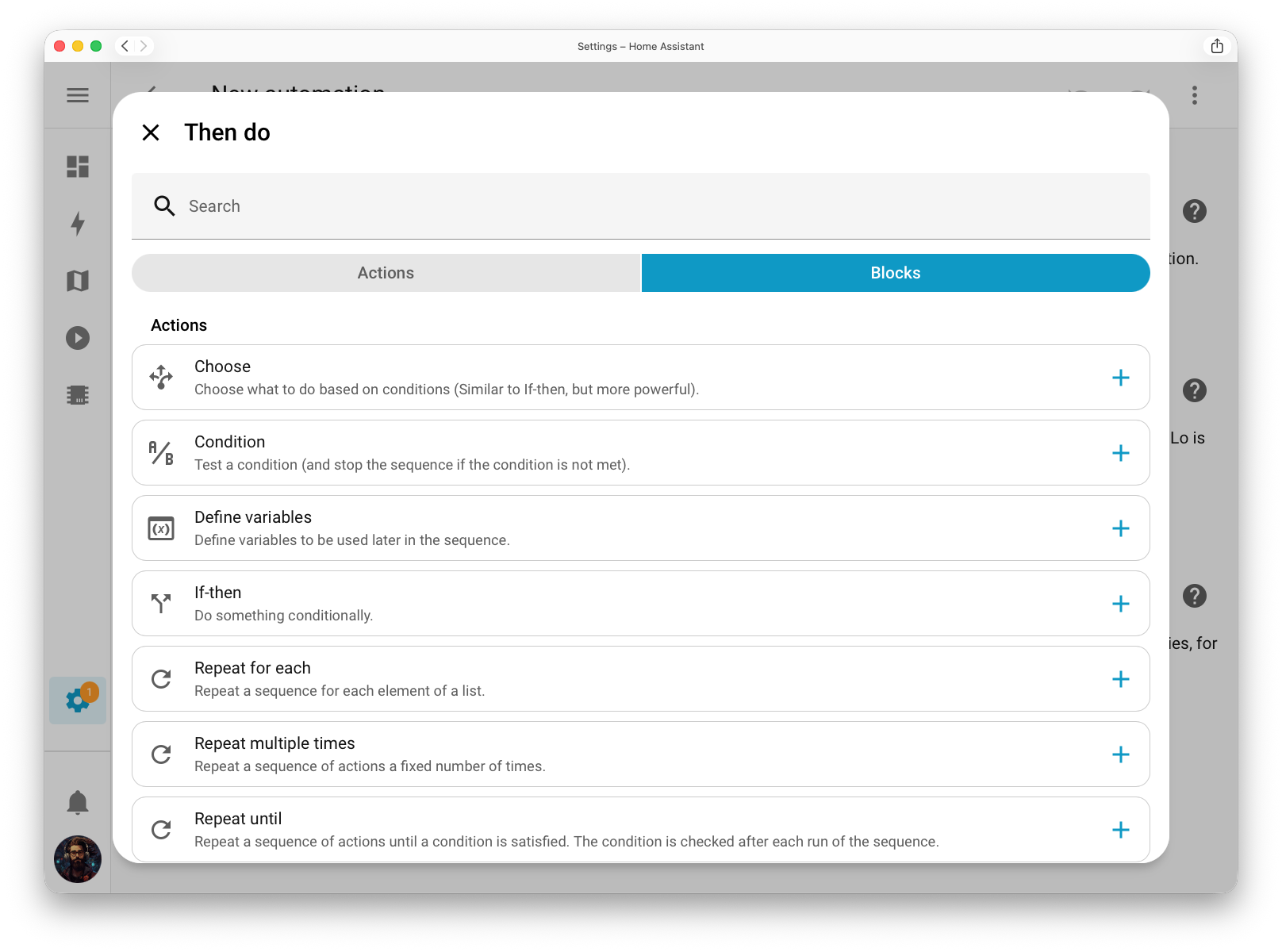 Screenshot of the new dialog to add a building block to an action.