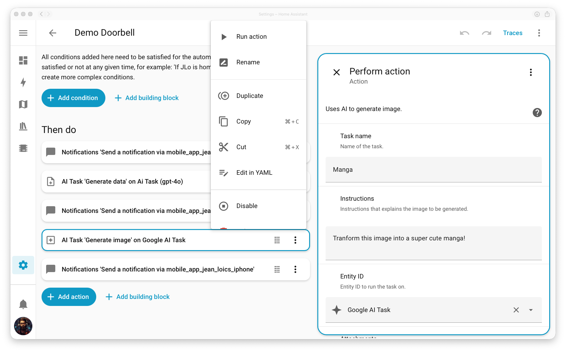 Screenshot showing the automation editor with the overflow menu open on an item in the automation editor flow. This showcases all items are back, including disabling, copy, and pasting parts.