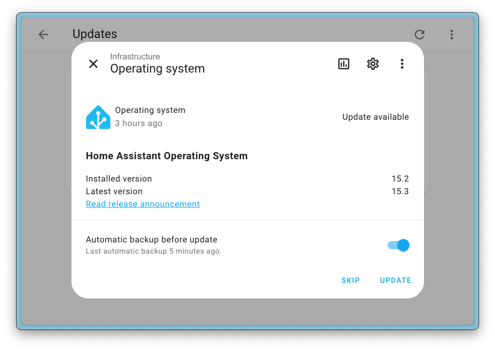 Screenshot showing the Home Assistant Operating System update dialog, which has a new toggle that asks you if you want to backup before upgrading.
