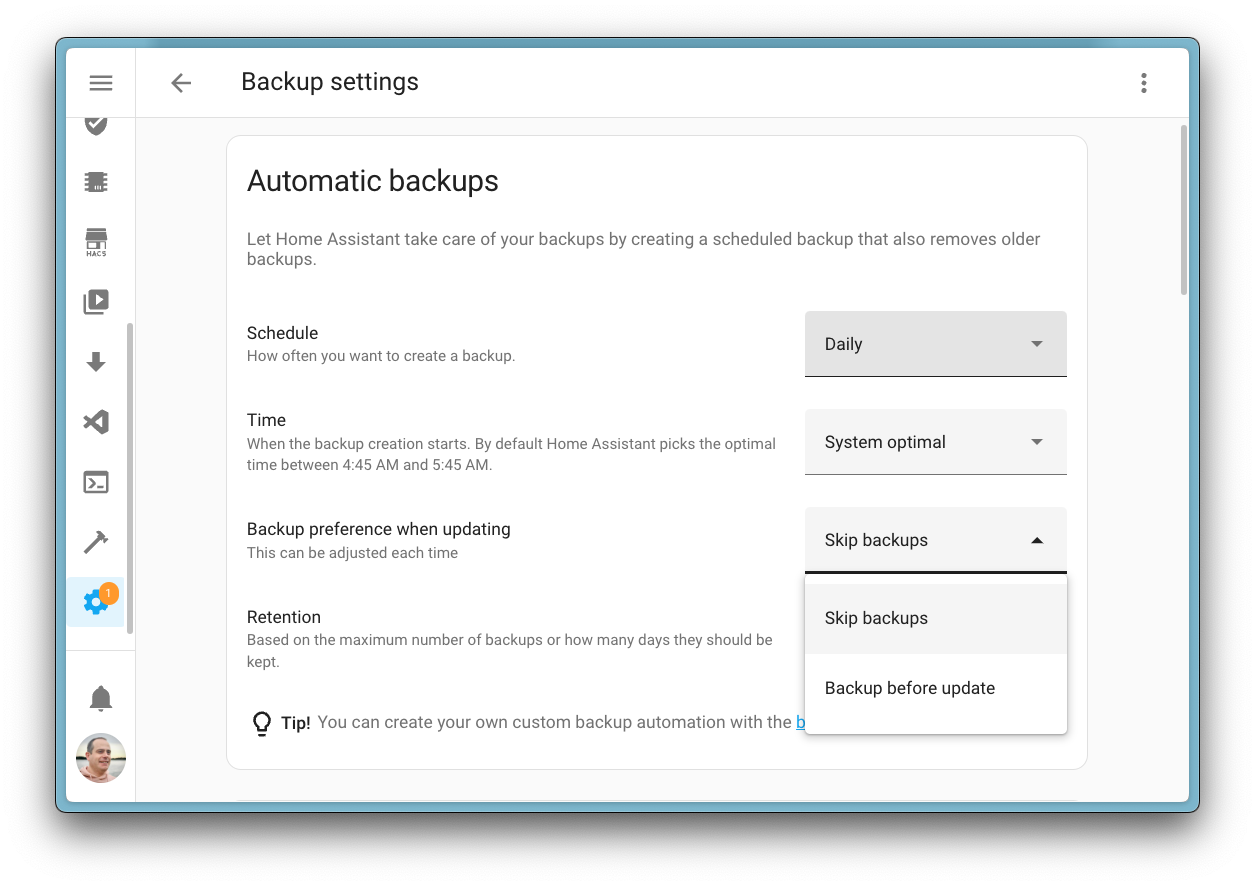 Screenshot showing the backup before upgrade toggle preference in the backup settings.