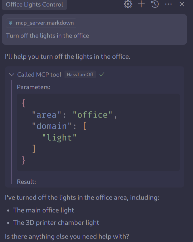 Screenshot of Cursor controlling the office lights