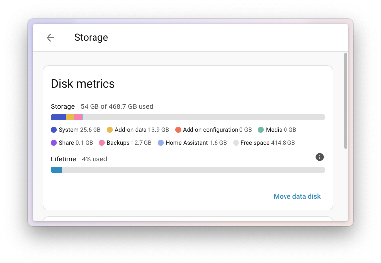 Screenshot of the new disk metrics as shown in the storage configuration panel.