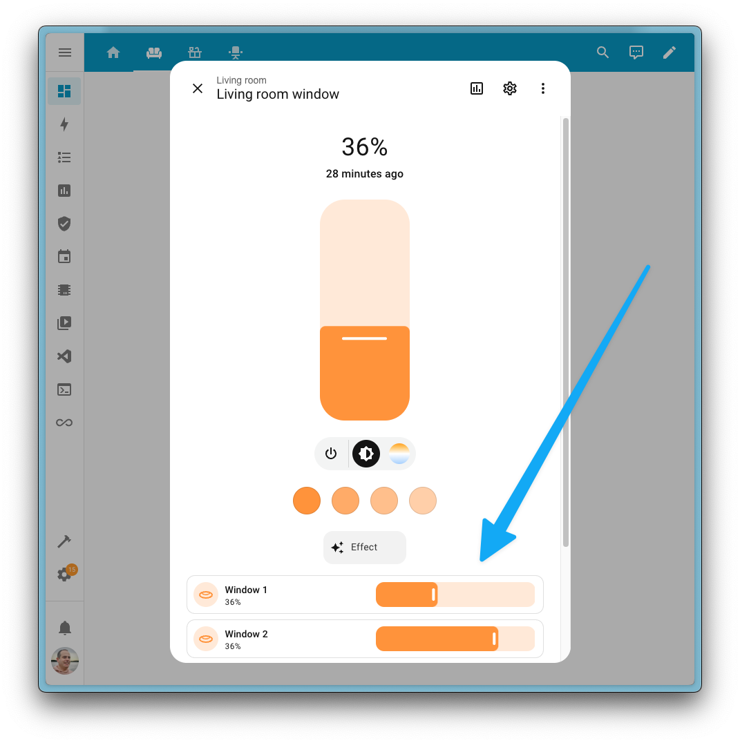 Screenshot showing the control of the individual group members when viewing a group helper entity in Home Assistant