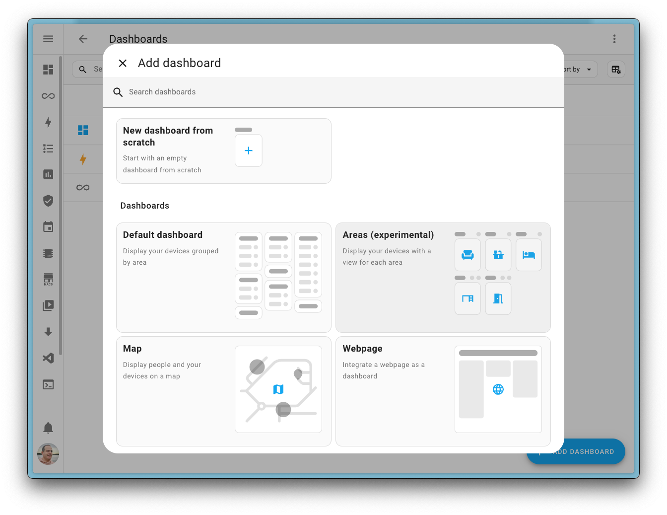 Screenshot showing the new and improved add dashboard dialog