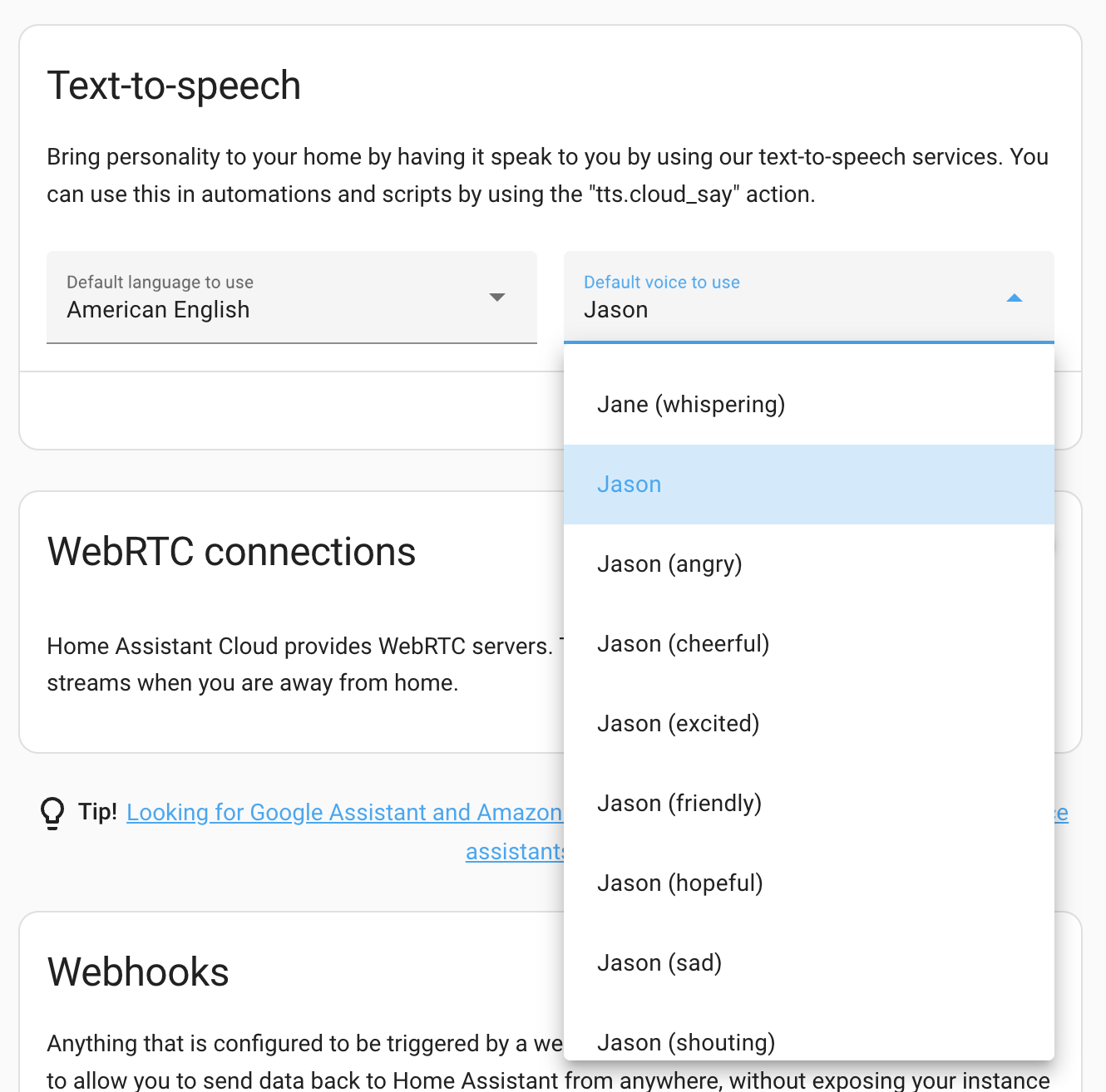 Screenshot showing a glimpse of the new voice variants for available for Home Assistant Cloud subscribers.