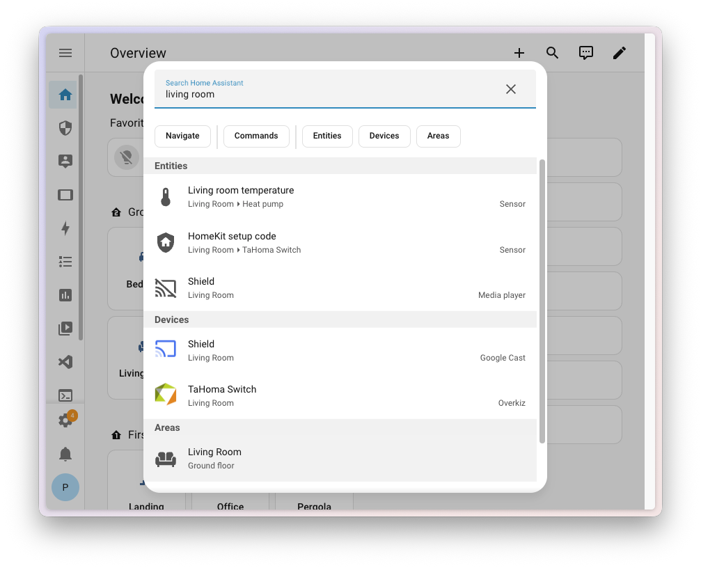 Screenshot of the Quick search interface showing category filters and search results.