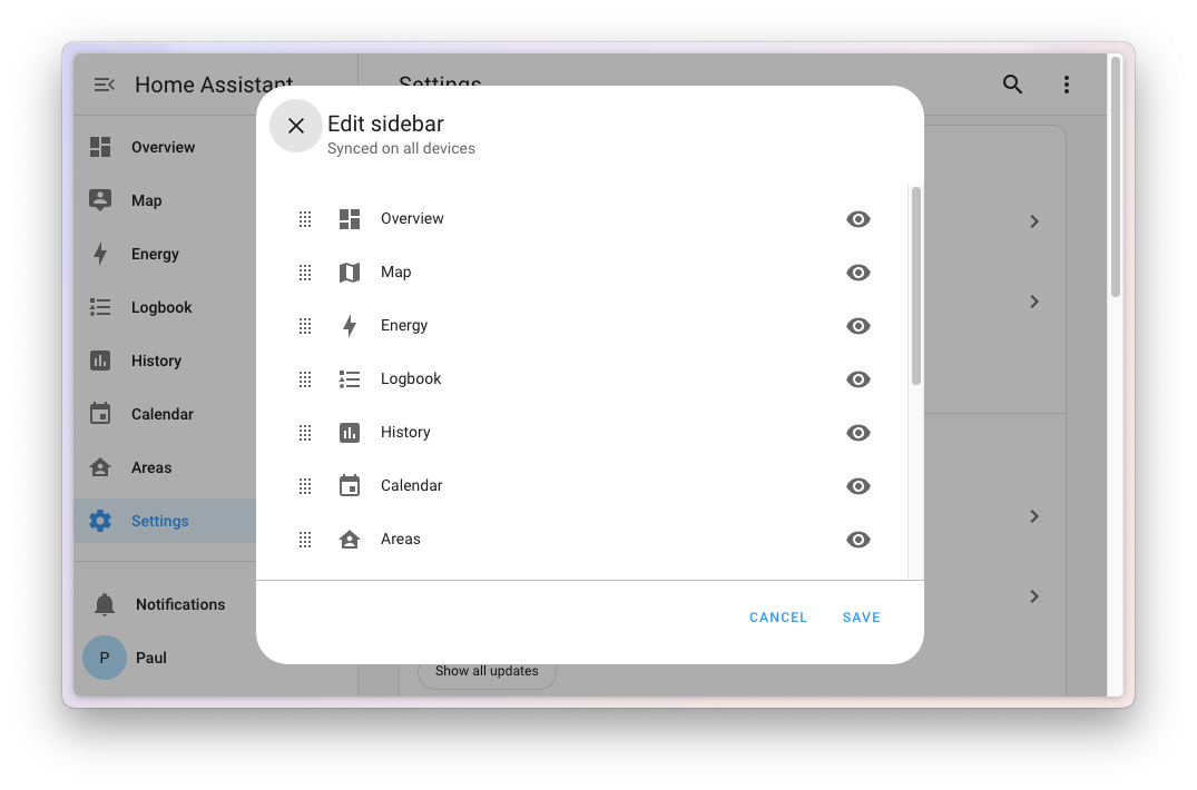 Screenshot of the new dialog that can be used to order or hide the items in the sidebar.