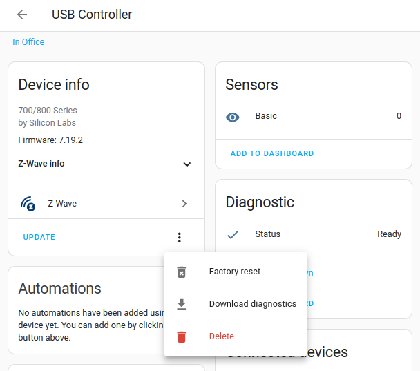 Screenshot showing the device panel of a Z-Wave adapter