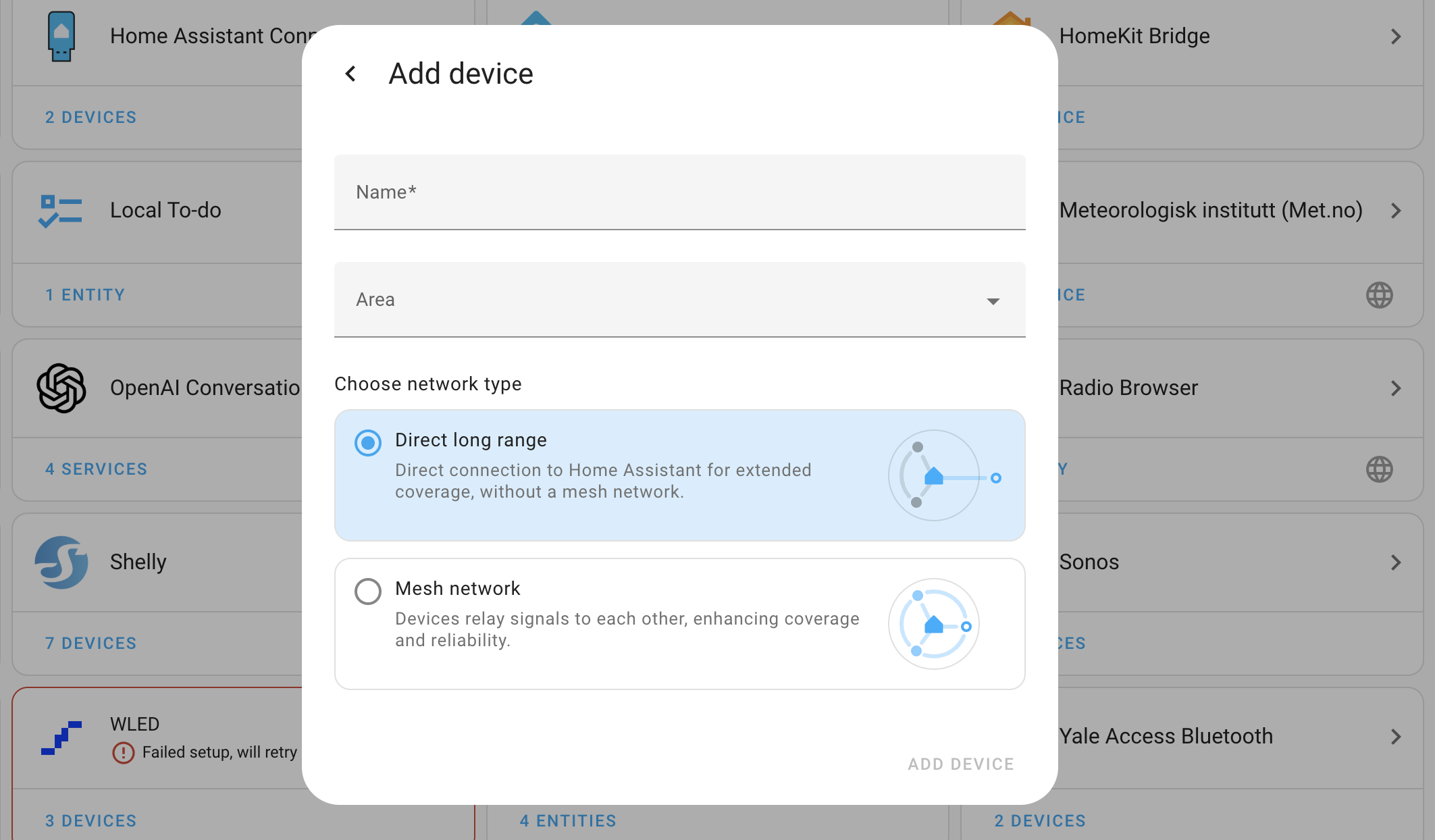 Screenshot showing adding a Z-Wave device with Long Range support.