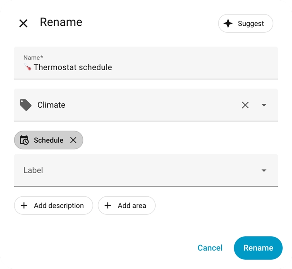 A rename modal open with the new Suggest button top right