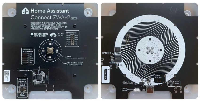 Front and back of the PCB outside the shell of the Home Assistant Connect ZWA-2